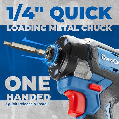 Dong Cheng 20V Brushless Impact Driver, 1840in-lbs Torque, 3200RPM, 4300IPM, 1/4" Hex Chuck, 4 Work Modes, with 2 * 2.0Ah Batteries