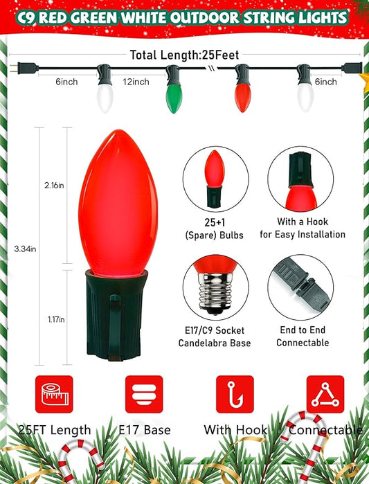 C9 LED Christmas Lights Outdoor, 25Ft Outdoor Christmas Decorations String Lights with 26 C9 LED Red White Green Bulbs, Hanging Vintage Christmas Light for Garden Party Porch Pathway Roofline
