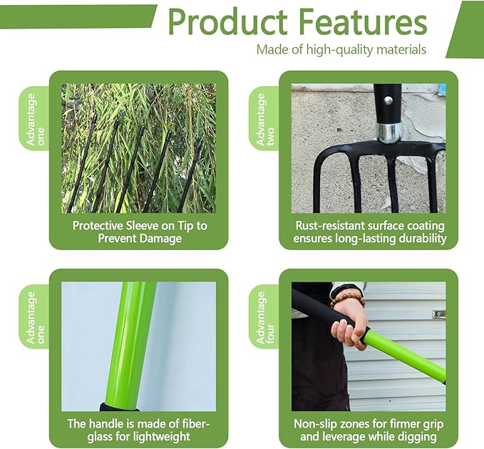 Pitch Fork-57 Inch，5-Tine Steel Garden Fork Heavy Duty, Mulch with Cushion Grip, Green Fiberglass Handle