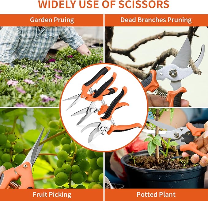 3 Pack Garden Pruning Shears, Stainless Steel Shears, Gardening Shears Scissors Pruning Shears for Gardening Tools (3PCS Orange and Black)