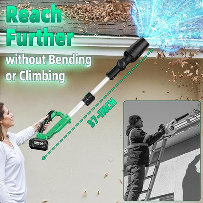 KIMO Leaf Blower for Gutters, 310000RPM, 37Inch Telescopic Pole, 750CFM 280MPH, 3 Speeds w/Smart Panel, Lightweight 2.5Lb, 4.0Ah Battery Operated Leaf Blower Cordless Leaf Blowers Gutter Cleaning Tool