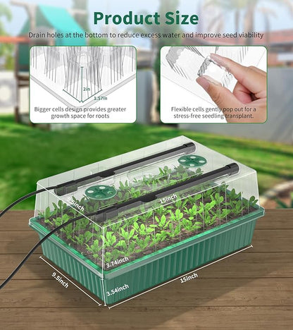 Seed Starter Tray, 120-Cells Seed Starter Kit with Grow Light, 2 Pack Reusable Seeding Starter Trays with Air Vent Humidity Domes for Greenhouse Gardening Indoor Planting Growing (Green Base)