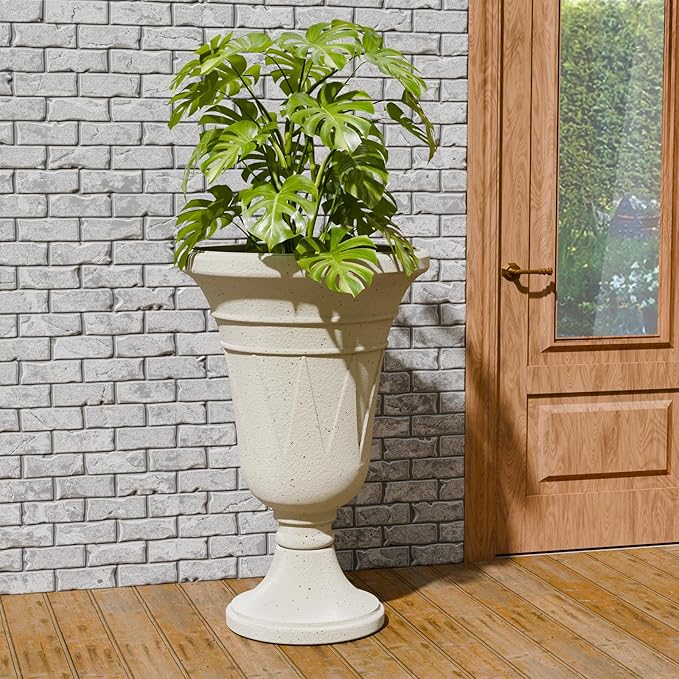 23.6" Tall Plastic Urn Planters for Outdoor Plants, Set of 2 Heavy-Duty Classic Indoor Large Flower Pots with Drainage Holes & Trophy Design, Outdoor Planters for Porch, Home Garden, White