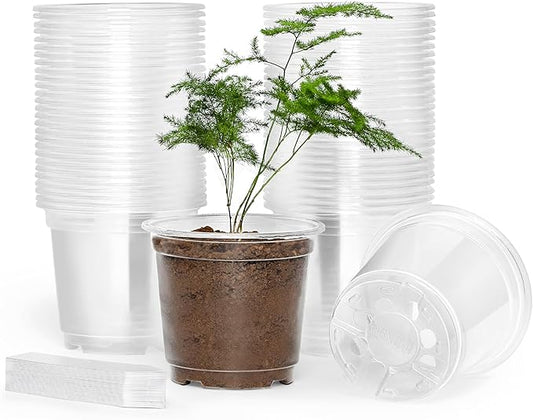 60 Pack 4 Inch Clear Nursery Pots with Drainage Holes, Transparent Plastic Plant Pot, Reinforced Seed Starter Pots Flower Pots Come with 50pcs Plant Labels