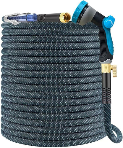 100Ft Non-Expandable Garden Hose, Flexible Water Hose with 10-Pattern Spray Nozzle, Lightweight Hose Pipe, Kink-Free, Leak-Proof, 3/4" Solid Metal Fittings (Blue)