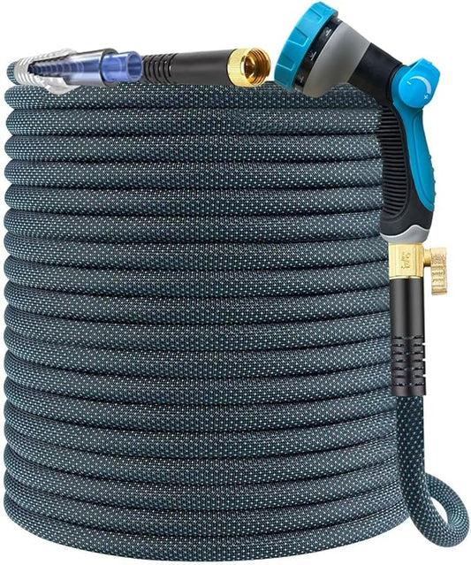 100Ft Non-Expandable Garden Hose, Flexible Water Hose with 10-Pattern Spray Nozzle, Lightweight Hose Pipe, Kink-Free, Leak-Proof, 3/4" Solid Metal Fittings (Blue)