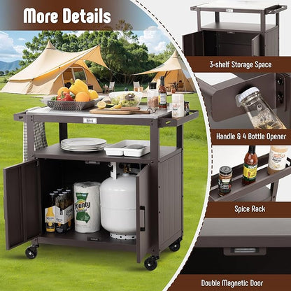 Outdoor Grill Cart with Stainless Steel Tabletop and Storage Cabinet, Movable Kitchen Island with Wheels for BBQ Food Prep, Brown