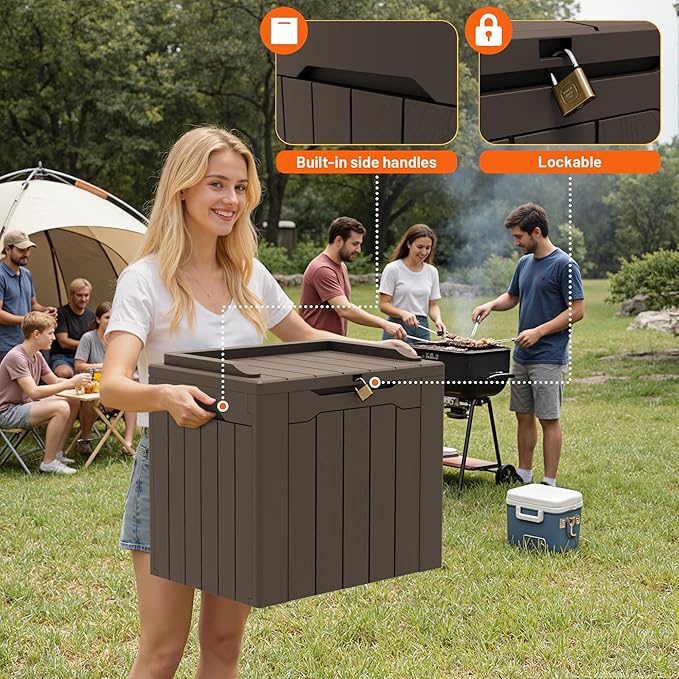 32 Gallon Deck Box Outdoor Indoor Waterproof Storage Box for Patio Furniture, Pool Accessories, Garden Tools, and Cushion Storage, Brown
