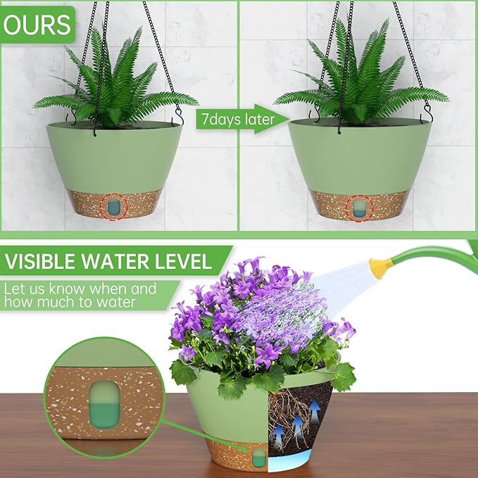 ZMTECH 8 Inch Hanging Planters for Indoor Plants, Hanging Baskets for Plants Outdoor with Visible Water Level, Hanging Flower Pots with Drainage Holes & Removable Tray(2 Pack, Green)