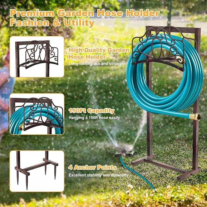 Garden Hose Holder Hanger Freestanding, Upgraded 4-Spike Heavy Duty Storage Reel Stand, Holds 150ft Hose for Outside Yard Lawn (Rustic Floral, Metal)