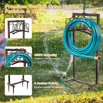 Garden Hose Holder Hanger Freestanding, Upgraded 4-Spike Heavy Duty Storage Reel Stand, Holds 150ft Hose for Outside Yard Lawn (Rustic Floral, Metal)