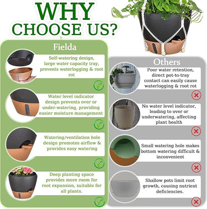 10 Inch Hanging Planters for Indoor Plants, 2 Pack Self Watering Hanging Baskets Flower Pots with Drainage Hole, Visual Reservoir & 2 Kinds of Plant Hanger for Outdoor Garden Home Decor（Black）