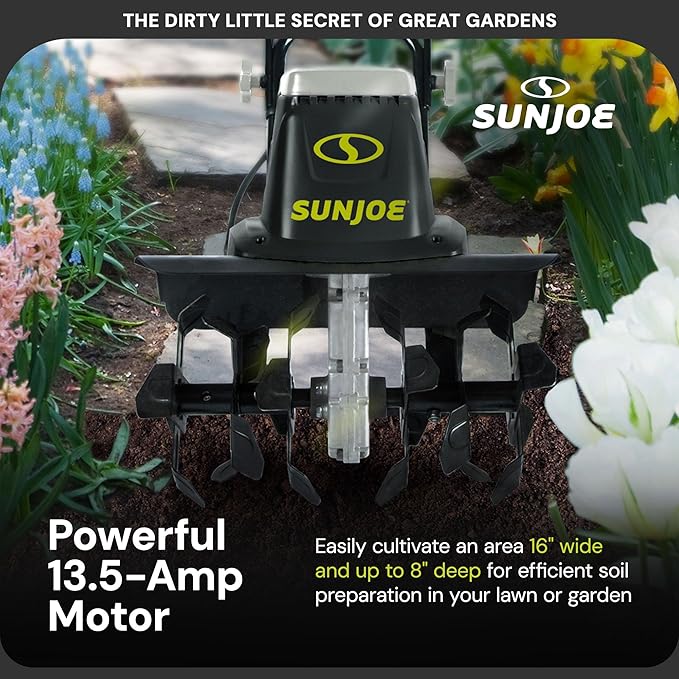 Sun Joe Corded Electric Garden Tiller & Cultivator with Steel Tines, 16 Inch, 13.5-Amp Motor - Heavy-Duty Tilling Machine for Lawn, Yard, and Gardening Care, TJ604E