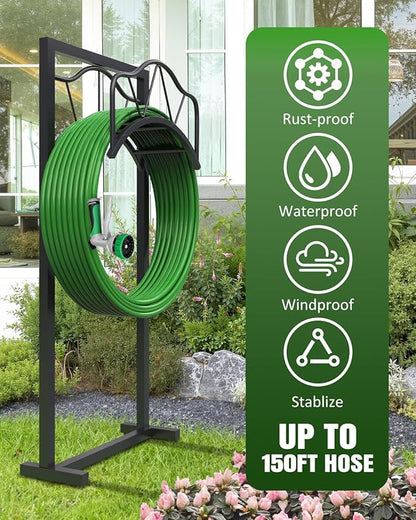 Breeze Touch Garden Hose Holder Freestanding, 4 Spikes Heavy Duty Outdoor Hose Stand, Metal Rack for Yard, Durable Water Hose Storage for outside, Compact Organizer for Garden Use