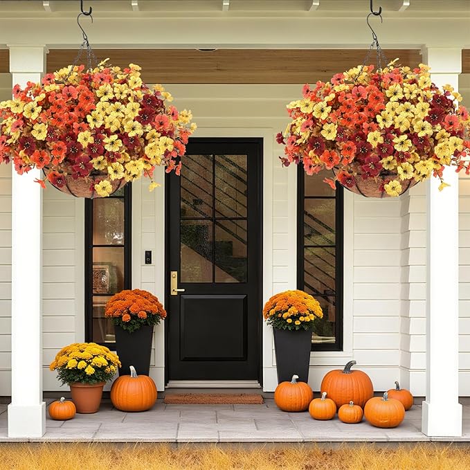 Geegoods 2 Set Artificial Hanging Basket Fall Flowers for Outdoor, Fake Faux UV Resistant Look Real Mixed Mums Plants for Autumn Porch Patio Balcony Yard Home Decor