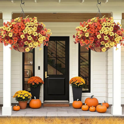 Geegoods 2 Set Artificial Hanging Basket Fall Flowers for Outdoor, Fake Faux UV Resistant Look Real Mixed Mums Plants for Autumn Porch Patio Balcony Yard Home Decor