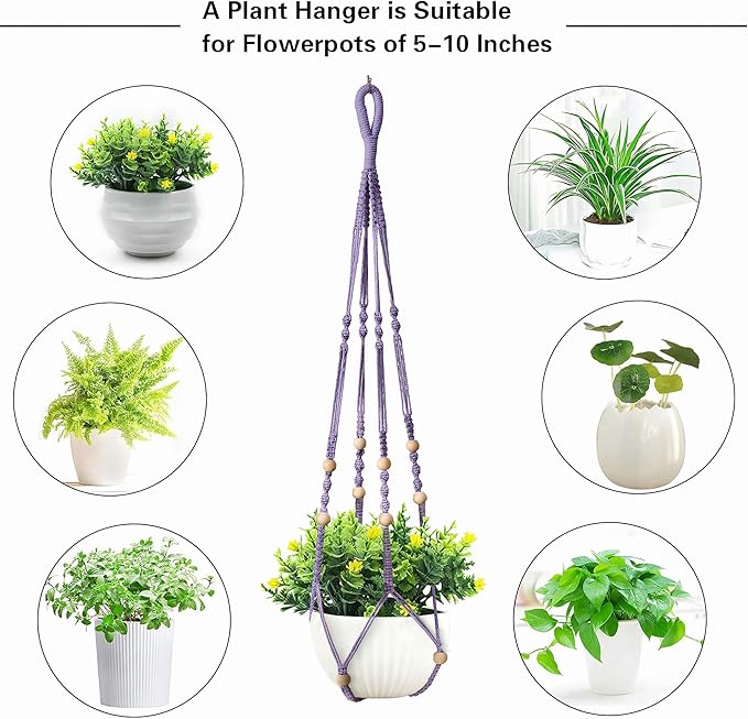 35 Inch Macrame Plant Hanger, Hanging Planter Basket with Wood Beads, Decorative Flower Pot Holder for Indoor Outdoor Boho Home Decor, Set of 2 (Purple)