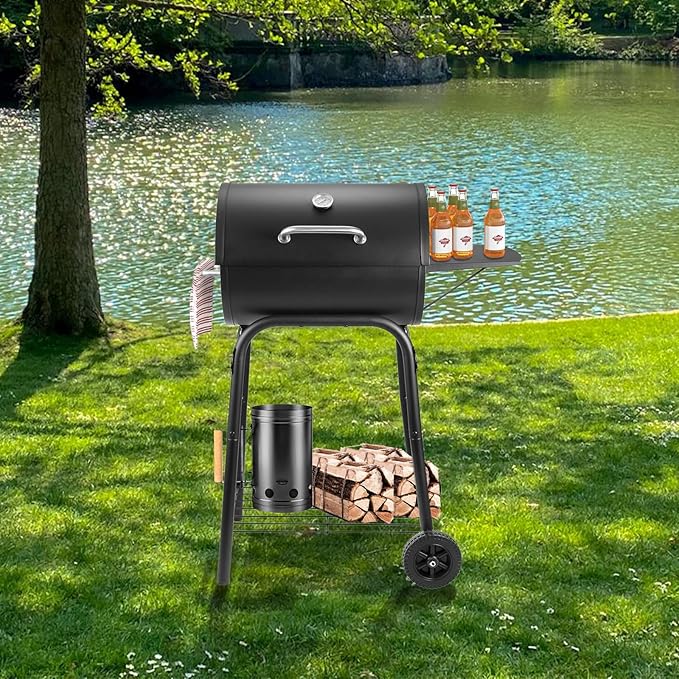 Barrel Charcoal Grill, Large Charcoal Grills with Side Shelf, Outdoor BBQ Grill,Perfect for Backyard Camping, Patio Parties, and Picnics