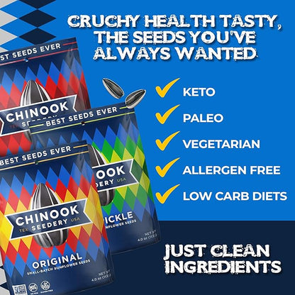 Chinook Seedery Roasted Sunflower Seeds - Jumbo Seeds Keto Snacks - Best For Snack Packs - Gluten Free, Non GMO Snack Food Gifts - 4 Ounce (Pack of 3) - Lawnmower Variety Pack