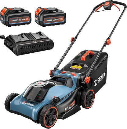 SENIX 40V 15'' Cordless Lawn Mower - 1.3 Bushels Grass Bag, (2) 4Ah Batteries & 3.0A Charger Included