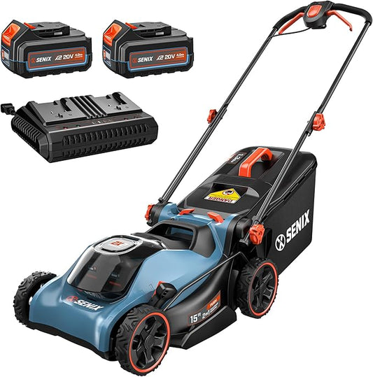 SENIX 40V 15'' Cordless Lawn Mower - 1.3 Bushels Grass Bag, (2) 4Ah Batteries & 3.0A Charger Included