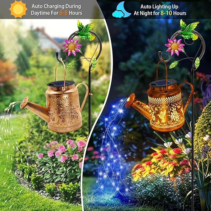 Solar Lights Outdoor Garden Decor, Hummingbird Hanging Watering Can Landscape Lights Waterproof Outside Decorations for Yard Front Porch Patio Backyard, Gardening Gift for Mom Grandma Women Birthday
