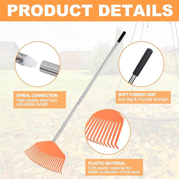 Leaf Rake16.5 Wide Adjustable Handle Leaf Rake - Plastic Head, Lightweight, Soft & Lawn-Friendly - Ideal for Women & Kids - Orange