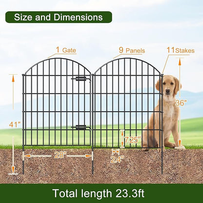 Metal Garden Fence with Gate 36in (H) x 23.3ft (L), 1 Gate+ 9 Panels Dog Fence Border Fence Animal Barrier, No Dig Garden Fencing for Yard Flower Bed Lawn Patio Outdoor, ECG3610, Black