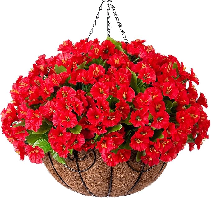 Artificial Hanging Flower Plants with Basket for Outdoor Decoration, Faux Petunias Flowers Fake Morning Glory Planter for Outside Patio Garden Porch Balcony Yard Decor(Red)