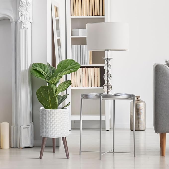 D'vine Dev 10 Inch Modern Geometric Tile Patterned Sleek Planter Pot with Stand, Indoor Outdoor Decorative Plant Holder, Matte White, 88-Z-B-1