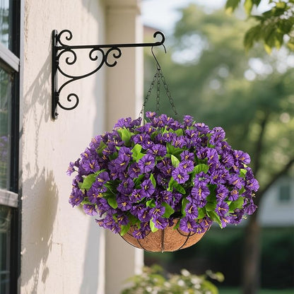 Artificial Hanging Flower Plants with Basket for Spring Summer Outdoor Decoration, Faux Petunias Flowers Fake Morning Glories Planter for Outside Patio Garden Porch Balcony Yard Decor(Purple)
