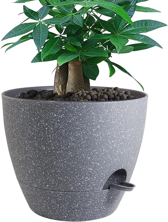 12 inch Large Self Watering Pots, Plastic Planters with 60oZ Removable Deep Reservoir and Multi Mesh Drainage Holes for Indoor Outdoor Garden Plants and Flowers, Grey Speckles