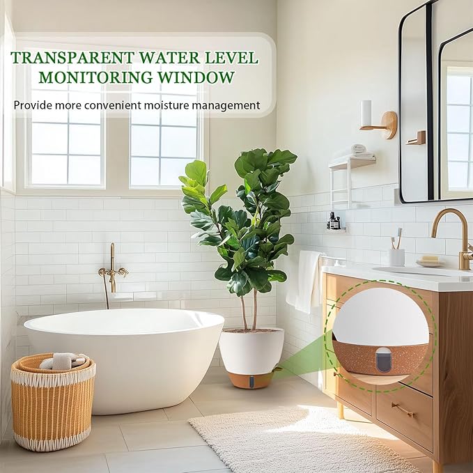 8/10/12 Inch Self Watering Pots for Indoor/Outdoor Plants - Large Plastic Planter with Drainage Holes, Water Level Indicator & Deep Reservoir, Modern Decorative Flower Pots (White)