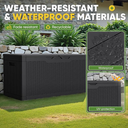 Greesum Outdoor Storage Box 100 Gallon Storage Bin with Lid for Patio Furniture, Garden Tools, Pool Supplies, Lockable, Waterproof and UV Resistant, Black