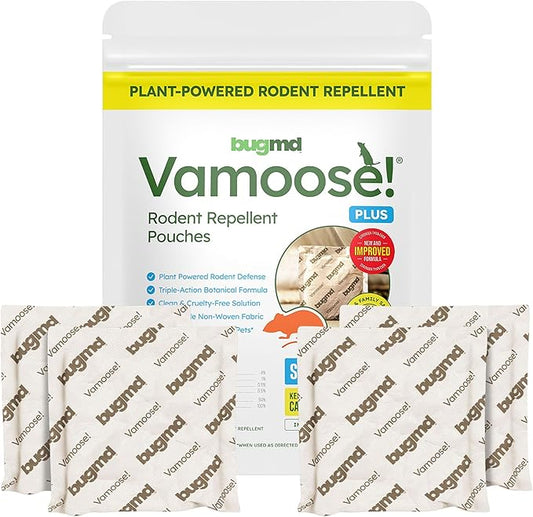 BugMD Vamoose! Plus Peppermint Oil Mouse Repellent Pouches | Natural Mice Repellent Indoor & Rat Deterrent for House, Garage, RV, Car & Storage | Plant-Powered Rodent Control - 1 Pack - 4 Pouches