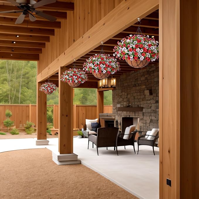 Artificial Silk Flowers Hanging Baskets Outdoors Indoors,Daisy with Eucalyptus Leaves Arrangement for Garden Yard Spring Summer Decor,Faux Green Plant in Metal Coconut Lining Flowerpot(Red and White)