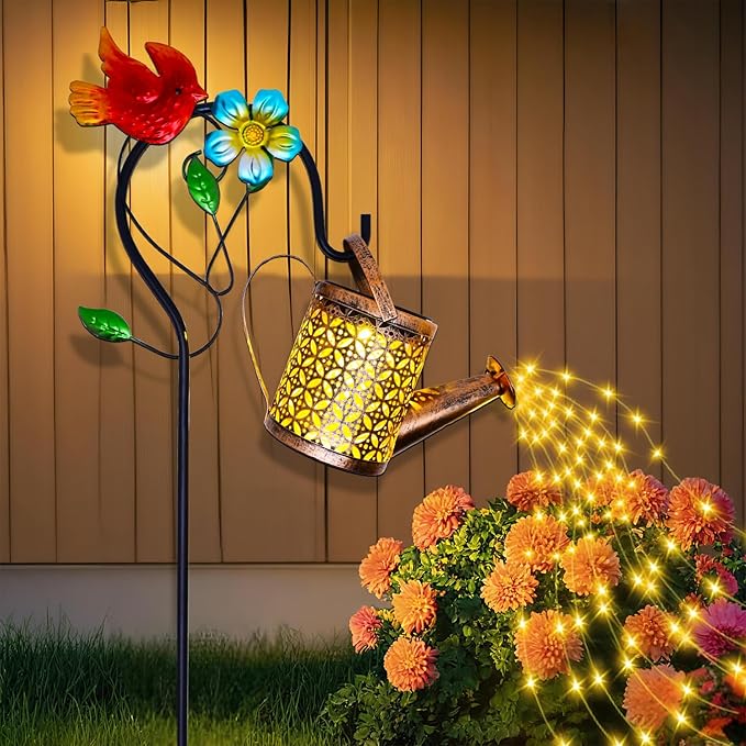 Solar Watering Can with Cascading Lights Outdoor Garden Decor, Cardinal Shaped Hook Gardening Gifts for Mom Women Grandma Birthday, Solar Lights for Garden Decorations Patio Yard Lawn Backyard