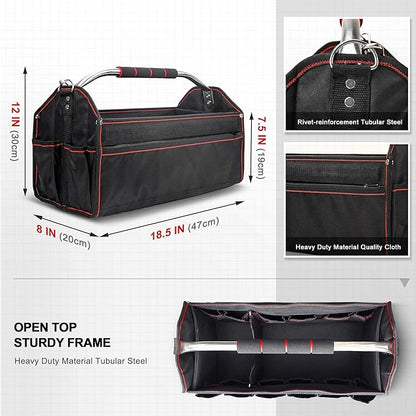 HAUTMEC 18 Inch Tool Bag, Foldable Open Top Tool Tote with 27 Pockets and Removable Partition, Heavy-Duty Electrician Tool Bag with Adjustable Shoulder Strap & Water-Resistant Molded Base – HT0020