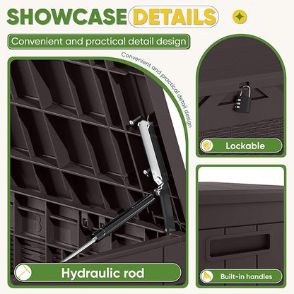 Greesum Outdoor Storage Box 100 Gallon Storage Bin with Lid for Patio Furniture, Garden Tools, Pool Supplies, Lockable, Waterproof and UV Resistant, Dark Brown