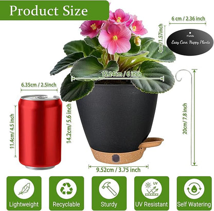 6 Inch Self Watering Pots for Indoor Plants (5-Pack) – Small Plastic Planters with Water Window, Drainage Holes & Trays, Indoor Outdoor Flower Pots for Herbs, Succulents, Home Garden Decor (Black)