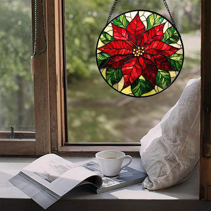 Stained Glass Window Hanging - Poinsettia Suncatcher for Door Garden Home Decor Birth Flower Sun Catcher Birthday Mother's Day for Lovers Friend Women Mom Nana 11.8 in