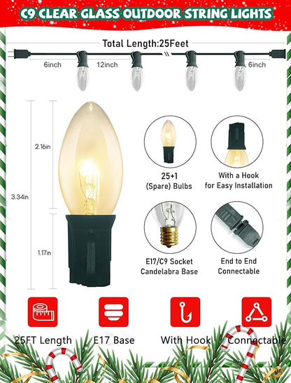 25Ft C9 Clear Christmas Lights Outdoor, Vintage Christmas String Lights with 26 C9 Warm White Bulbs, Hanging Incandescent Christmas Decorations Lights for Patio Roofline Christmas Tree Garden Pathway