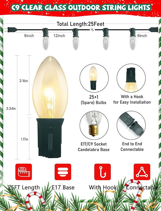 25Ft C9 Clear Christmas Lights Outdoor, Vintage Christmas String Lights with 26 C9 Warm White Bulbs, Hanging Incandescent Christmas Decorations Lights for Patio Roofline Christmas Tree Garden Pathway