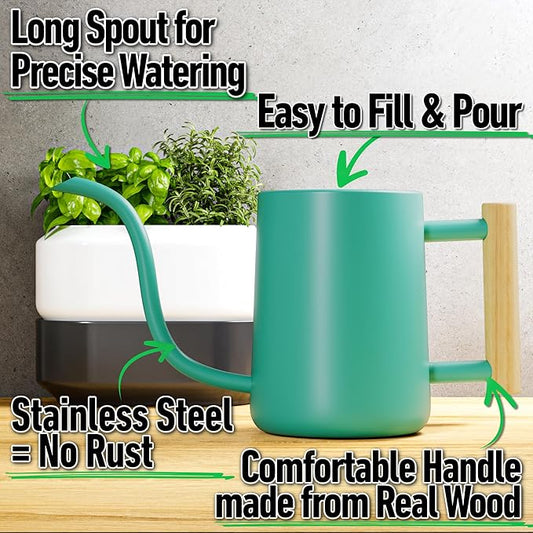 35 oz Metal Small Indoor Watering Can with Long Spout & Real Wood Handle for House Plants, Succulents, Cacti & Seedlings - Green Long Spout Watering Can Indoor Plants - Stylish, Gentle Flow, No Spills