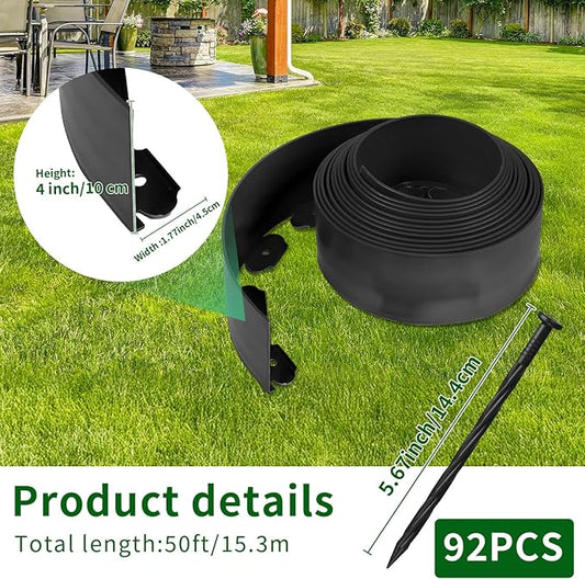 4 in x 50 Ft Garden Landscape Edging, No Dig Garden Edging Border Kit with 92 Pcs Spikes for Flower Bed Lawn Yard Grass Black
