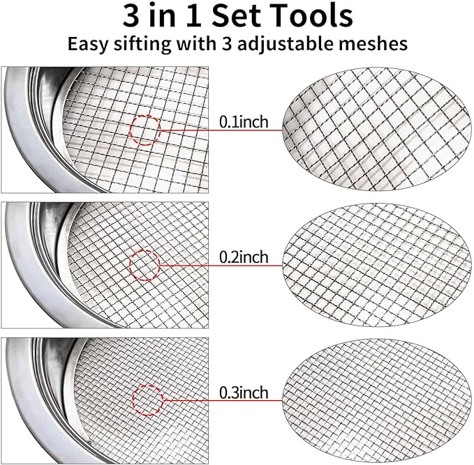 3PCS Interchangeable Mesh Soil Sifter for Gardening - 3/6/9mm Stainless Steel Stackable Sieve with Soil Scoop, Ideal for Dirt Sand Rock Compost Filtration