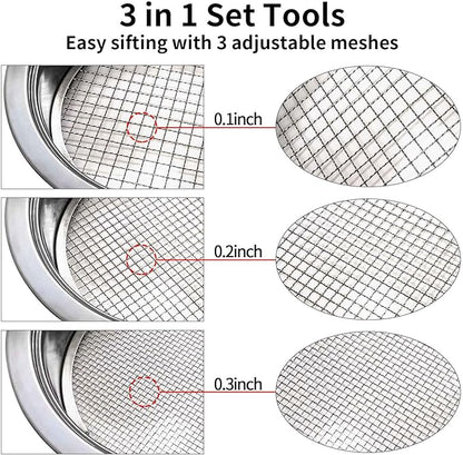 3PCS Interchangeable Mesh Soil Sifter for Gardening - 3/6/9mm Stainless Steel Stackable Sieve with Soil Scoop, Ideal for Dirt Sand Rock Compost Filtration