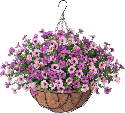 Artificial Silk Flowers Hanging Basket for Outdoor Indoor, Daisy with Eucalyptus Leaves Arrangement for Garden Yard Spring Decor, Faux Green Plant in Metal Coconut Lining Pot(Purple Pink)