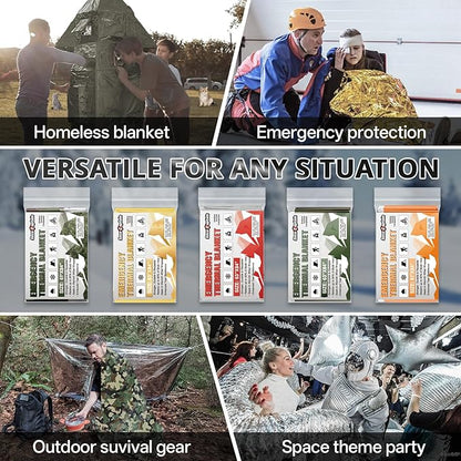 SecuCaptain Survival Emergency Thermal Blankets: Thicken 28um Space Mylar Blanket Kit for Outdoor Cold Winter Camping, Hiking, Car Bug Out Bag, or First Aid - Woodland Camo 4 Pack