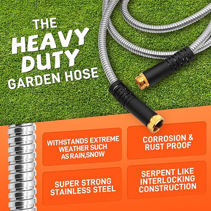 Garden Hose 25FT Stainless Steel Water Hose with 10 Functions Adjustable Spray Nozzle, Heavy-Duty Metal Garden Hose Flexible Durable No-Tangle & Kink Leak Dog Proof Hose for Yard Lawn(Orange)